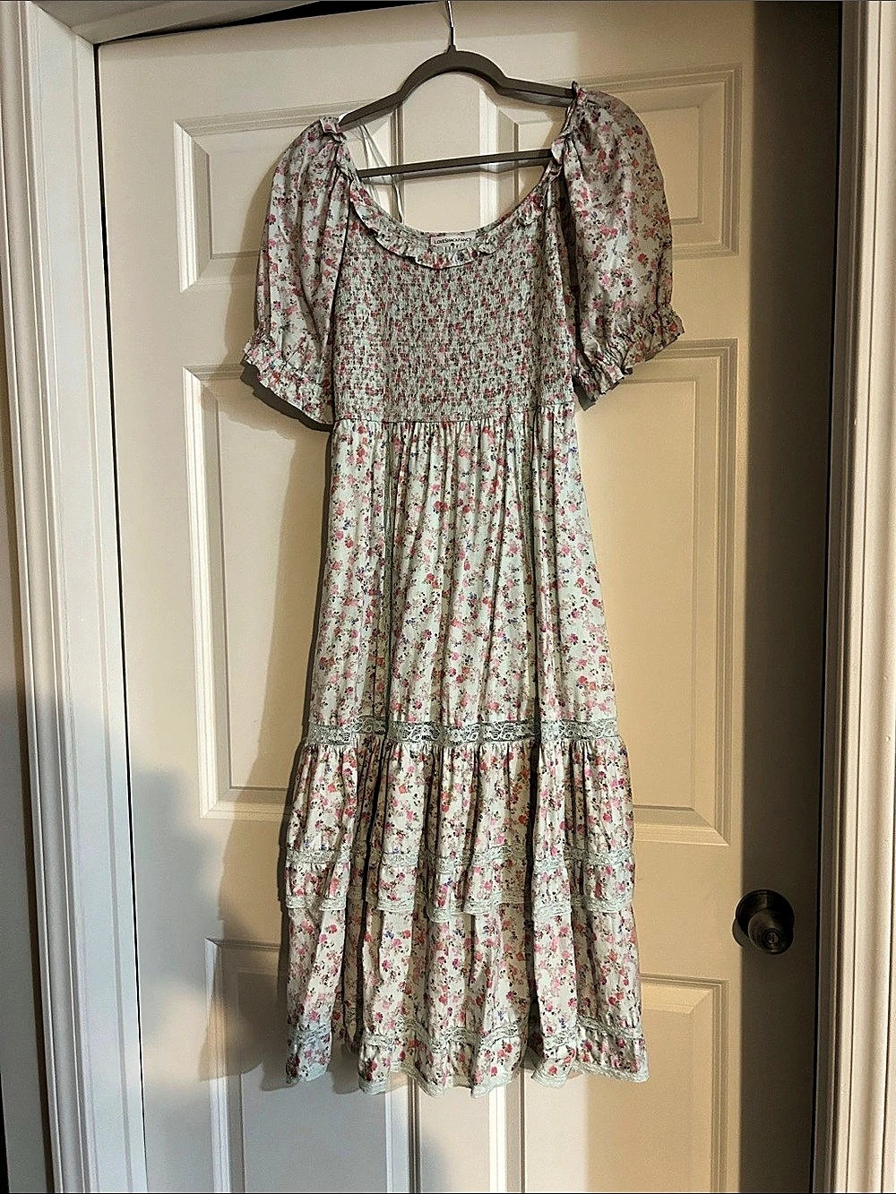 Floral Tiered Midi Dress in Green & Pink